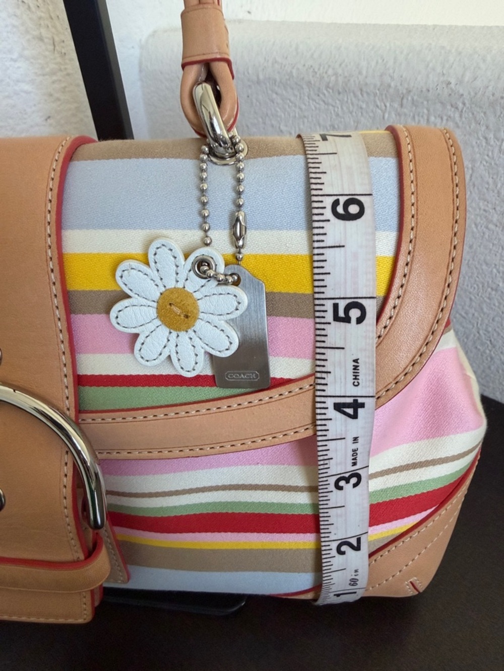 VINTAGE Coach Pink Multi-Stripe Leather-Trim Satchel with Floral Charm(LIKE NEW) - Picture 4 of 16